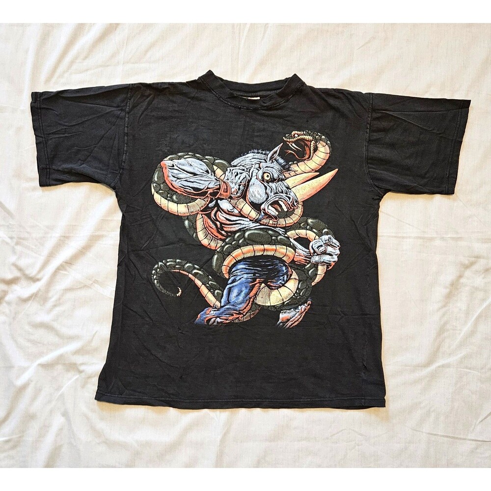 Vintage Novel Teez Rhino Snake Fantasy T Shirt 90s Black Graphic USA Made M